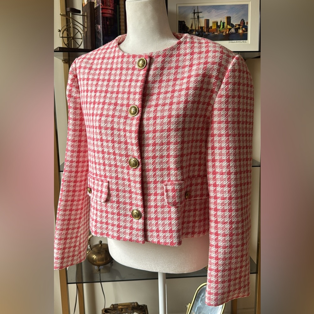 Zara Pink and White Houndstooth Cropped Blazer